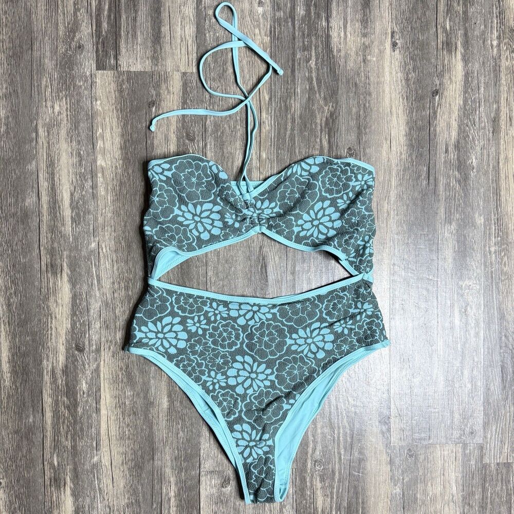 Urban Outfitters Floral Textured Bikini Set L High Waisted Retro Teal NWT